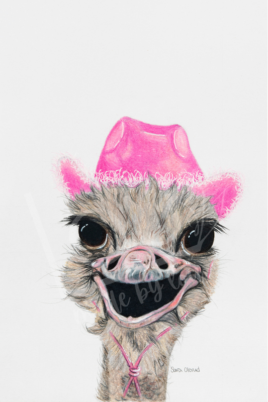 Ostrich wearing a pink cowboy hat