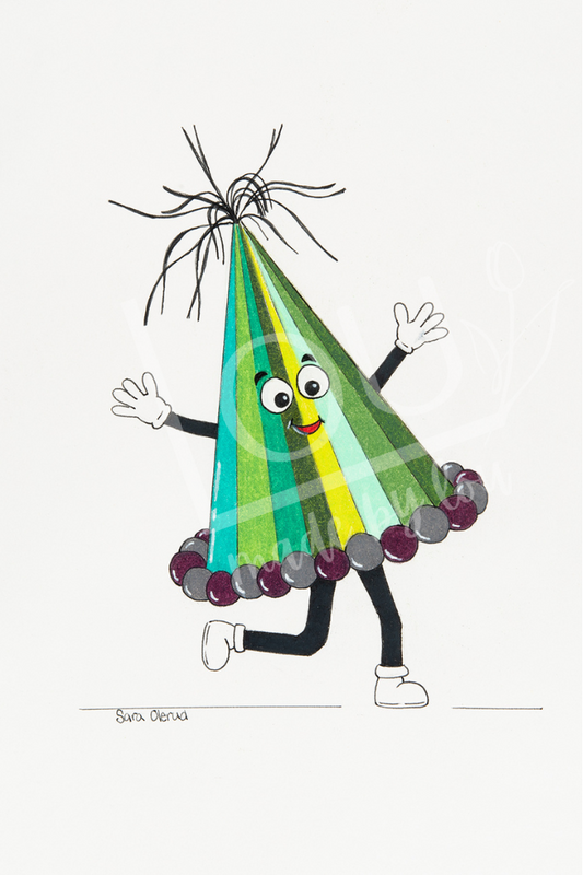 Colorful cartoon character with a party hat on a white background