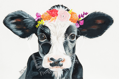 Baby cow with a botanical flower crown