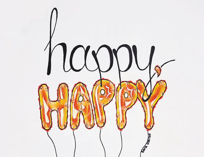 Balloon-shaped text spelling 'happy' on a white background