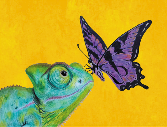 Vibrant art print featuring a green chameleon facing a purple and black butterfly against a textured yellow background.