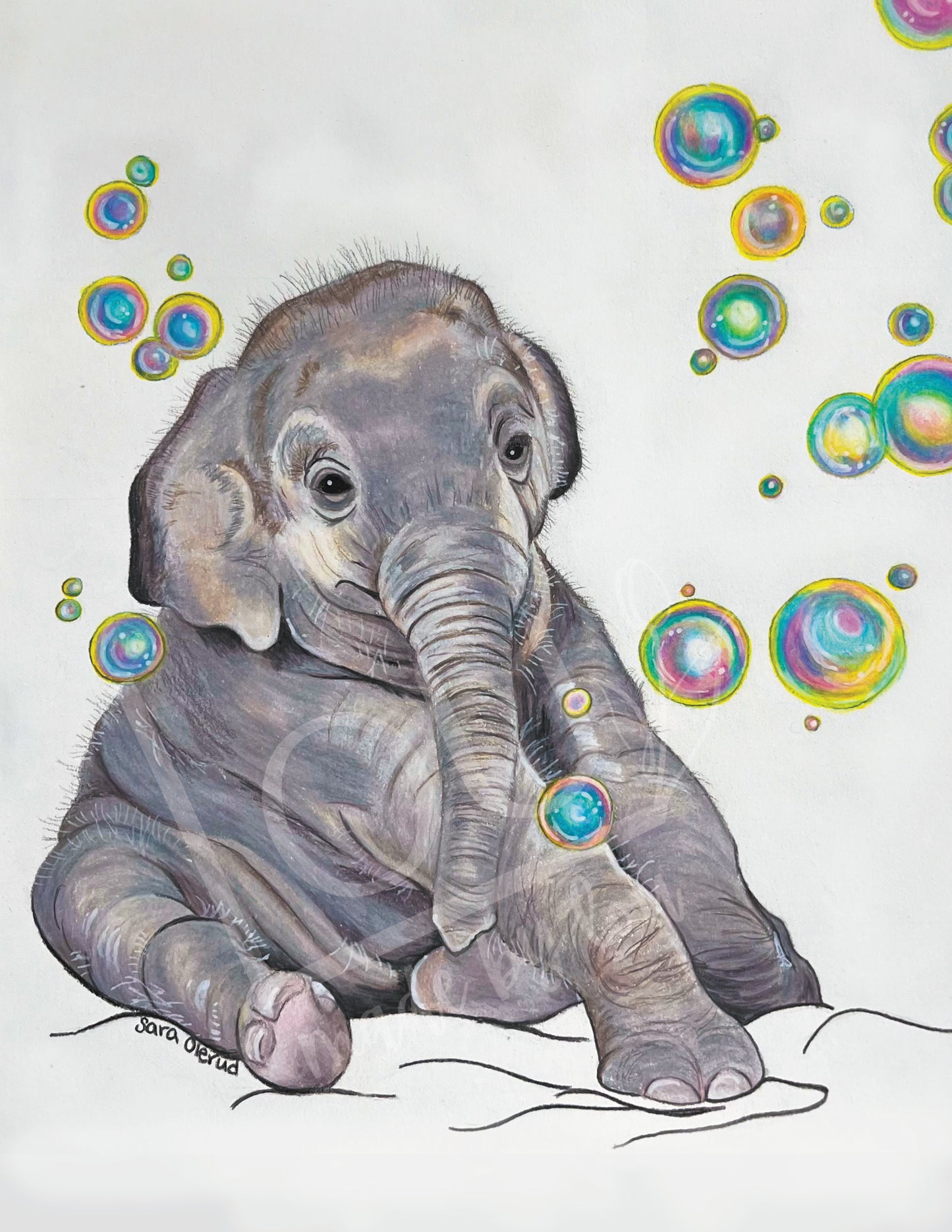 Colorful illustration of a baby elephant surrounded by bubbles on a light blue background