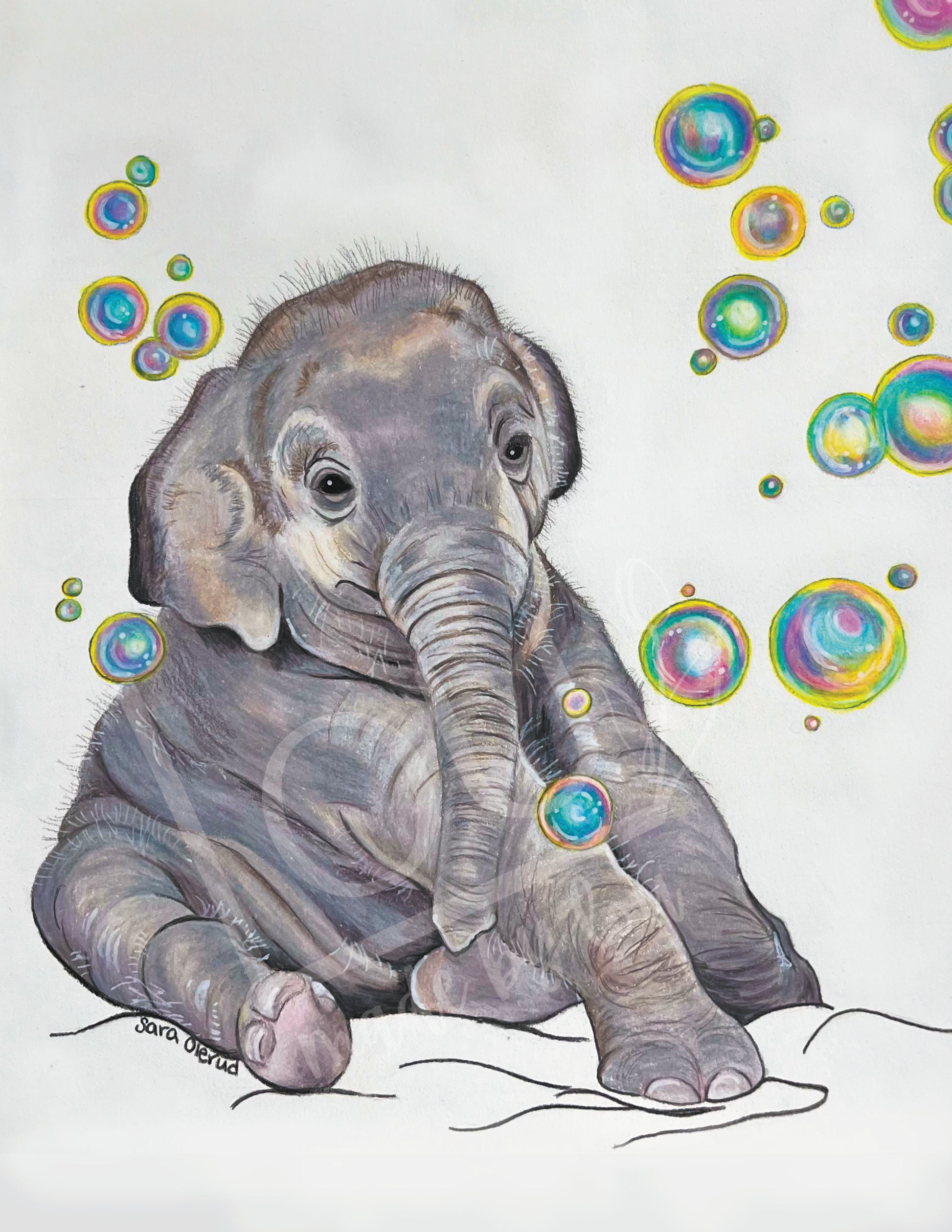 Colorful illustration of a baby elephant surrounded by bubbles on a light blue background